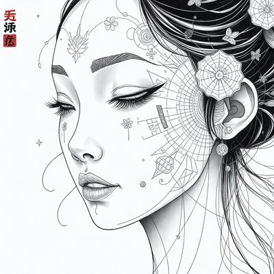 The primary subject of the image is a woman with a flower in her hair. She is wearing makeup and has a flower tattoo on her face. The setting is a black and white drawing, giving it a classic and elegant appearance. The visual style is a combination of digital art and illustration, creating a unique and artistic representation of the woman. The colors and mood of the image are predominantly black and white, with a touch of red from the flower in her hair, giving it a timeless and soph